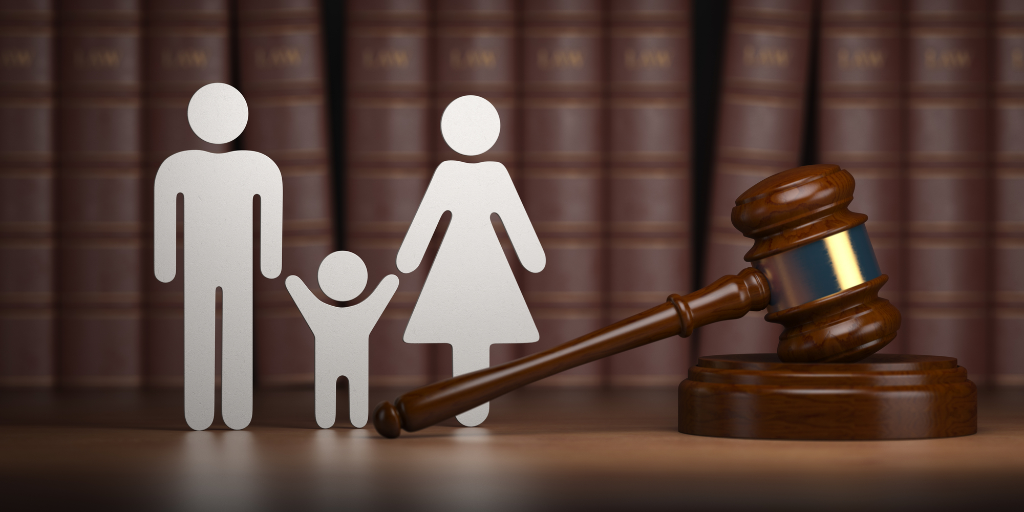 Various Roles Of A Child Support Lawyer - Familty law. Gavel and shapes of men, women and child with books